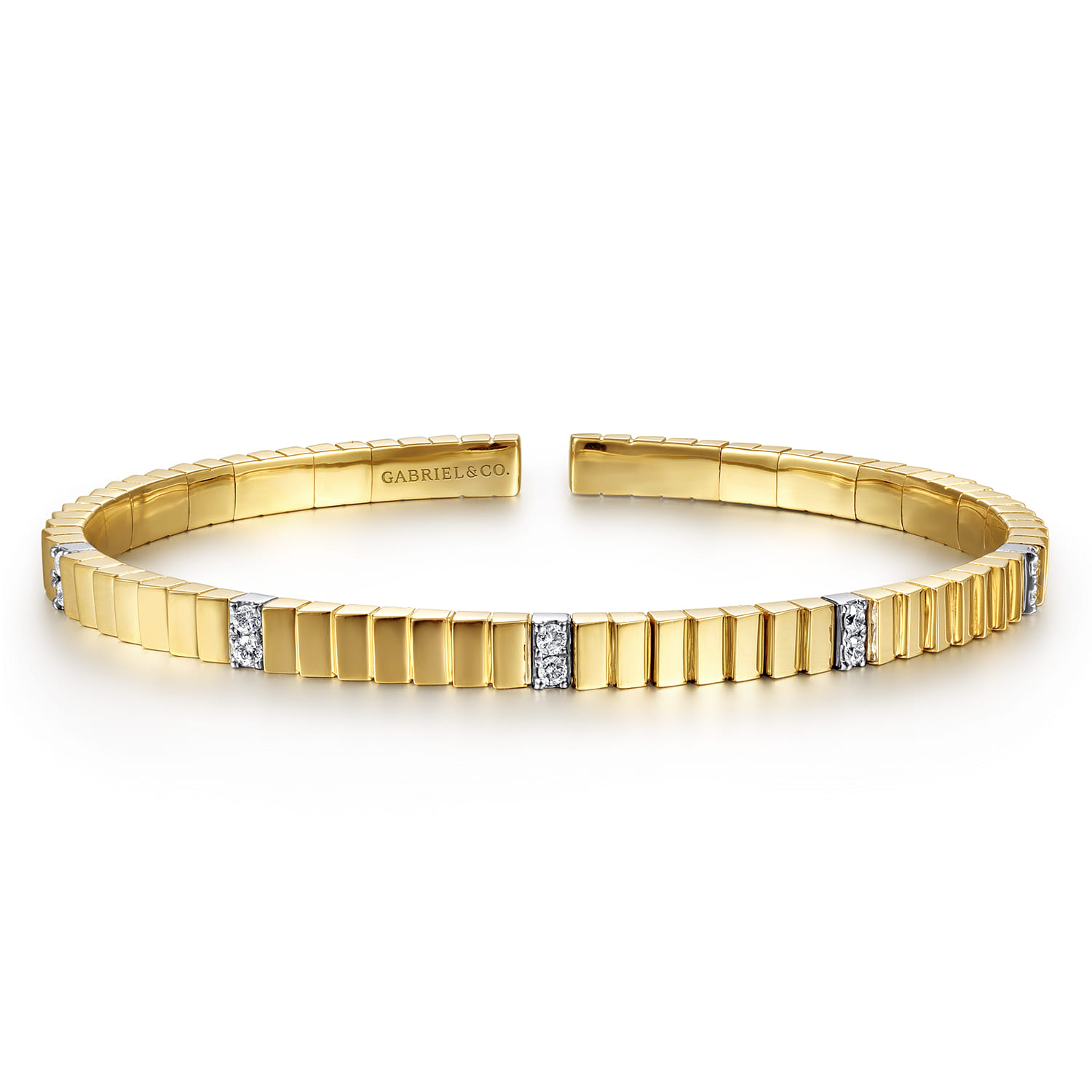 Demure - 14K Yellow Gold Rectangular Bead Cuff Bangle Bracelet with White Gold Pave Diamond Stations - 0.2 ct - Shot 1