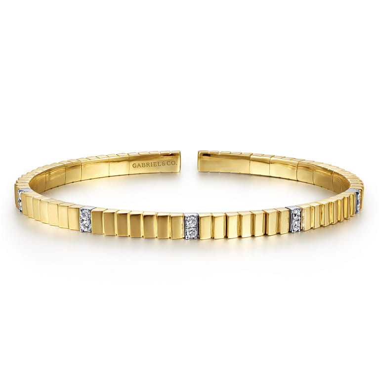 Demure - 14K Yellow Gold Rectangular Bead Cuff Bangle Bracelet with White Gold Pave Diamond Stations - 0.2 ct - Shot 1