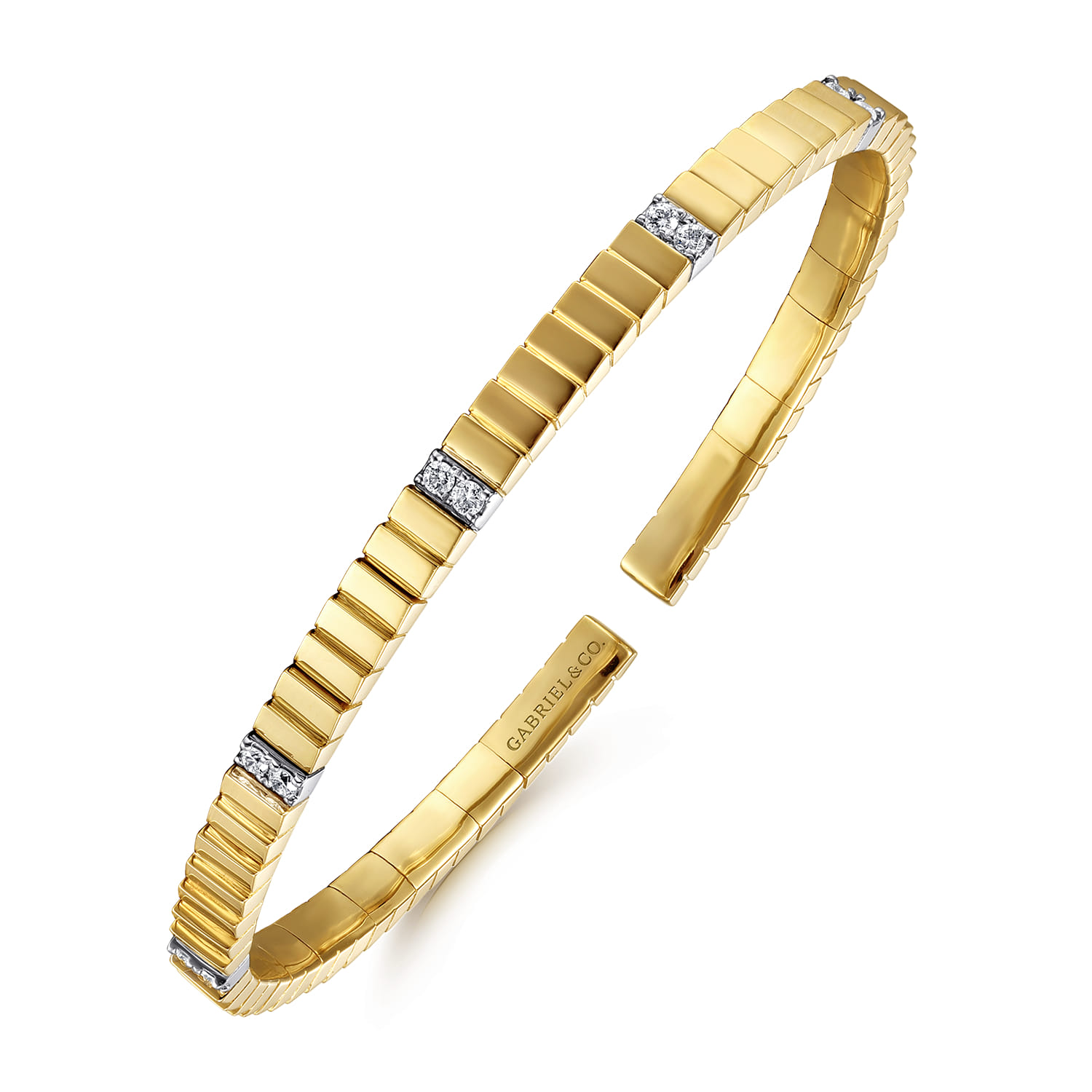 Demure - 14K Yellow Gold Rectangular Bead Cuff Bangle Bracelet with White Gold Pave Diamond Stations - 0.2 ct - Shot 2