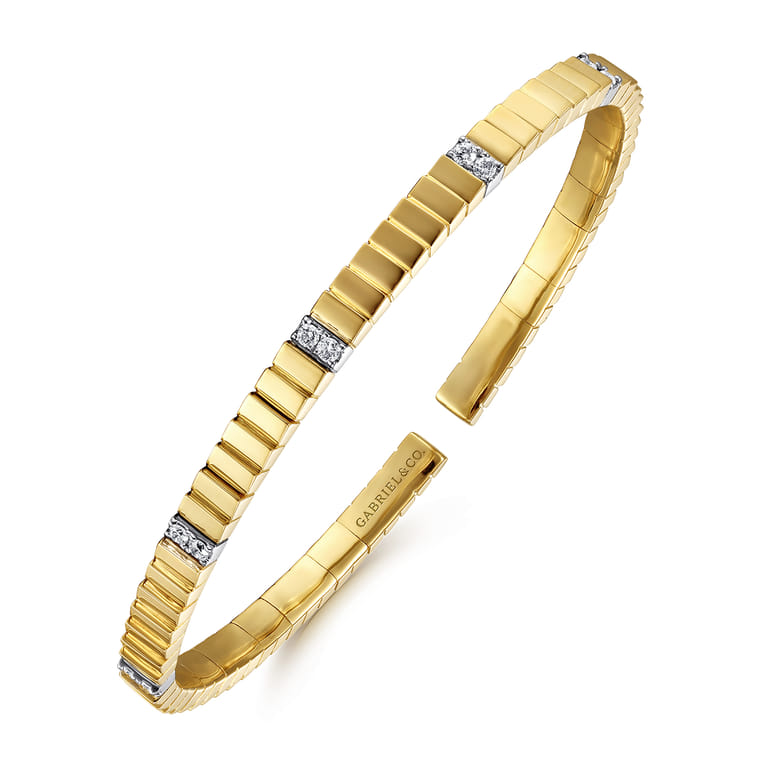 Demure - 14K Yellow Gold Rectangular Bead Cuff Bangle Bracelet with White Gold Pave Diamond Stations - 0.2 ct - Shot 2