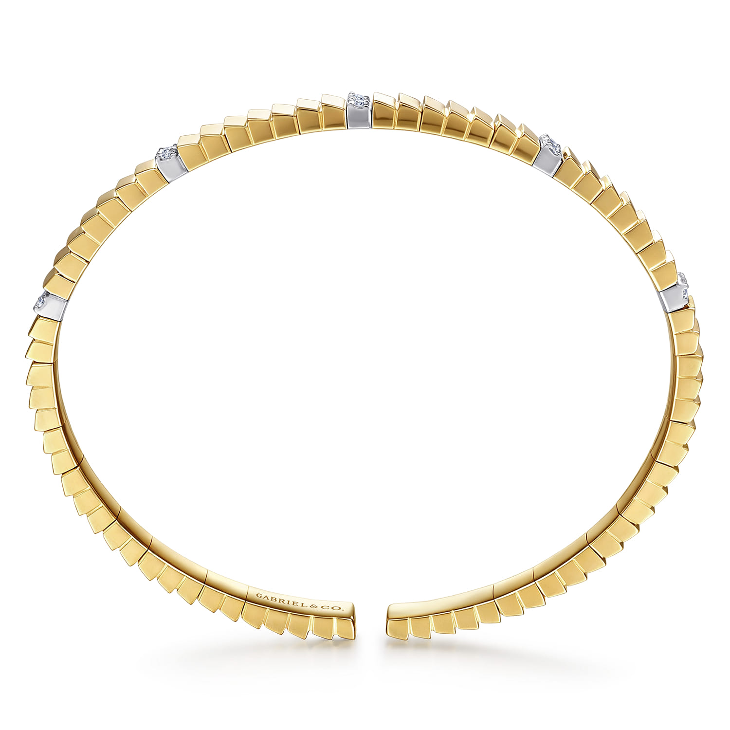 Demure - 14K Yellow Gold Rectangular Bead Cuff Bangle Bracelet with White Gold Pave Diamond Stations - 0.2 ct - Shot 3