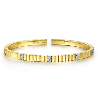Demure - 14K Yellow Gold Rectangular Bead Cuff Bracelet with White Gold Pave Diamond Stations