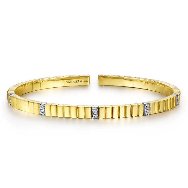 Demure - 14K Yellow Gold Rectangular Bead Cuff Bracelet with White Gold Pave Diamond Stations - 0.22 ct - Shot 1