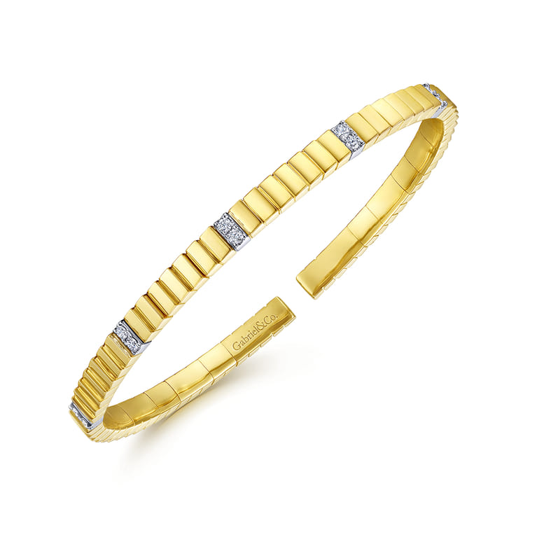 Demure - 14K Yellow Gold Rectangular Bead Cuff Bracelet with White Gold Pave Diamond Stations - 0.22 ct - Shot 2