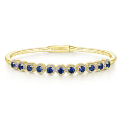 14K Yellow Gold Round Sapphire and Diamond Halo Bangle