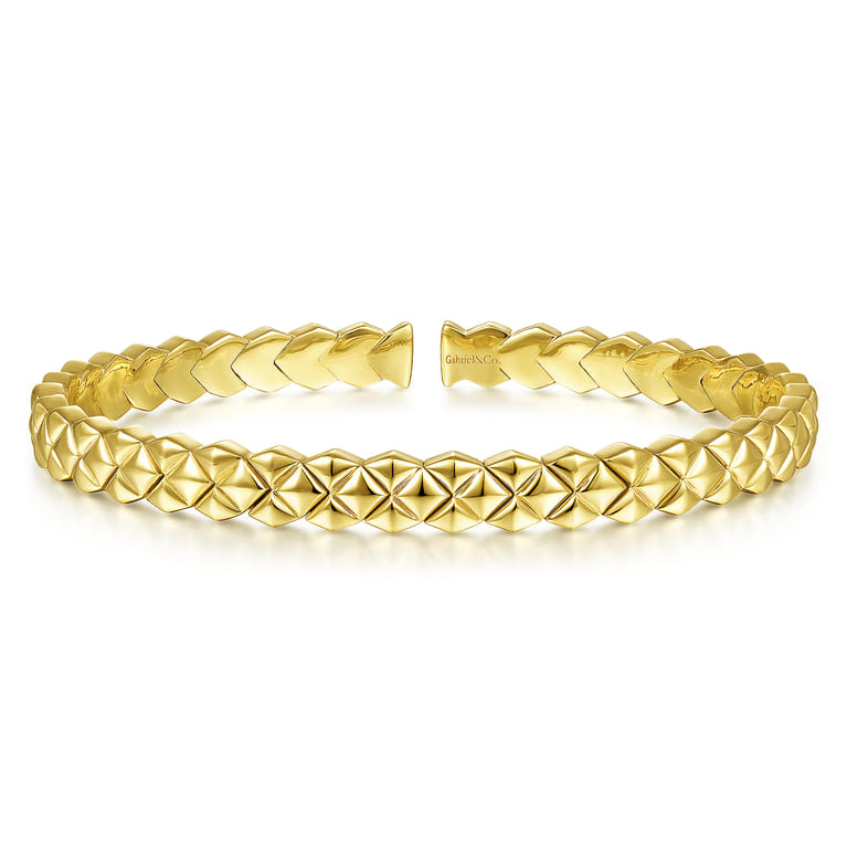 Demure - 14K Yellow Gold Textured Open Cuff Bracelet - Shot 1