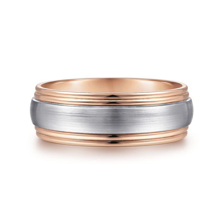 Derek - 14K White-Rose Gold 8mm - Two Tone Men's Wedding Band in Satin Finish - Shot 1