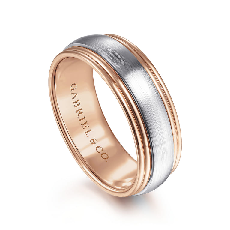 Derek - 14K White-Rose Gold 8mm - Two Tone Men's Wedding Band in Satin Finish - Shot 3