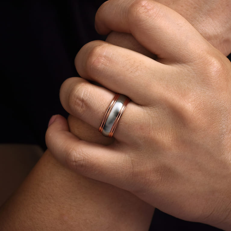 Derek - 14K White-Rose Gold 8mm - Two Tone Men's Wedding Band in Satin Finish - Shot 5
