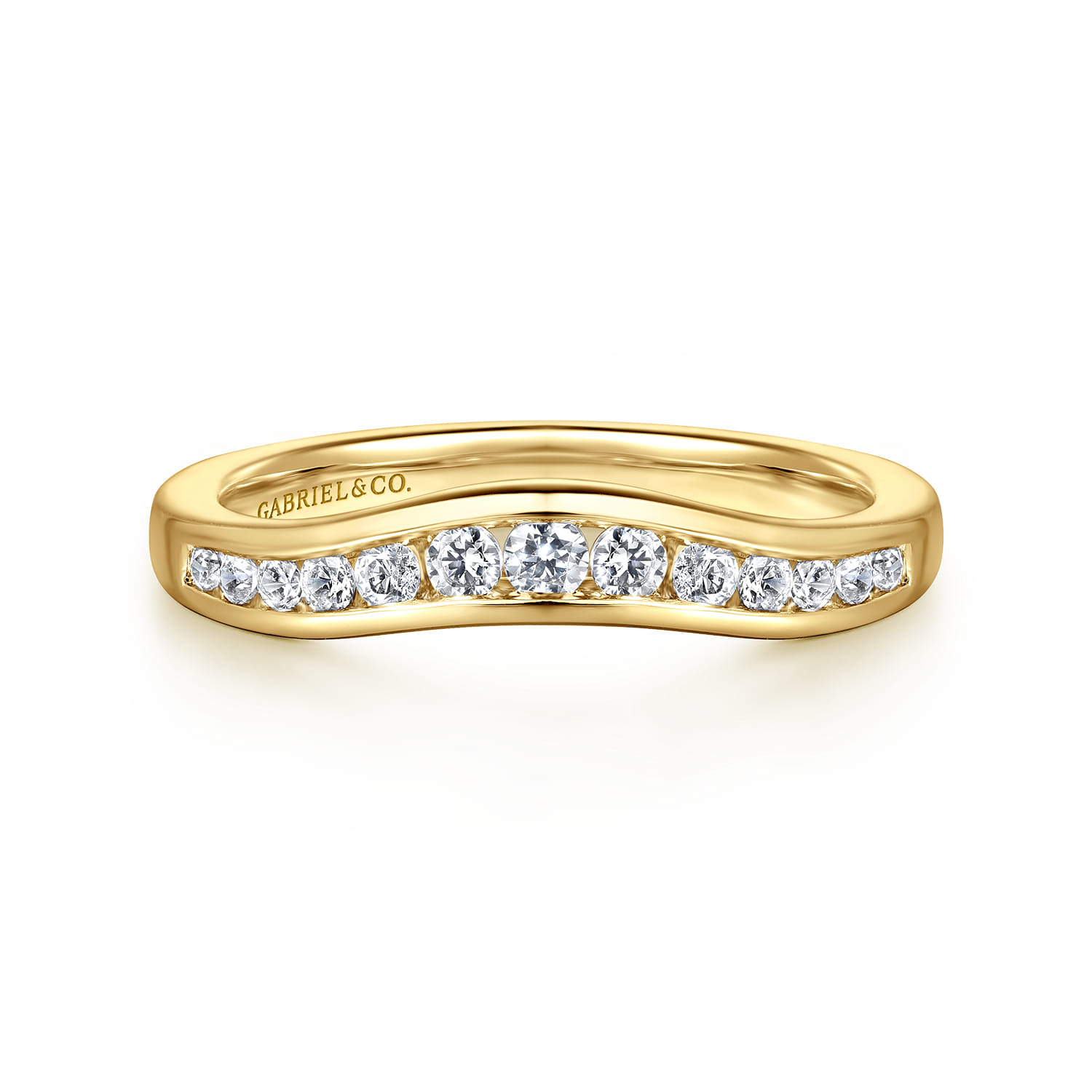 Curved Wedding Ring in 14k Yellow Gold with Round Natural Diamond at Gabriel & Co. - Shot 1