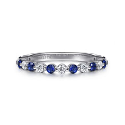 14K White Gold Single Prong Diamond and Sapphire Anniversary Band