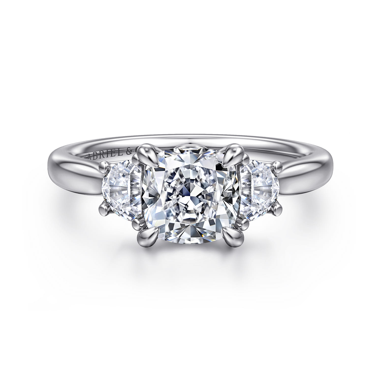 Devon - 14K White Gold Cushion Cut Three Stone Lotus Diamond Engagement Ring