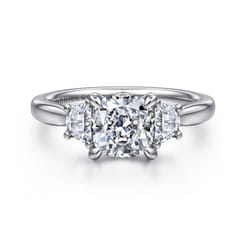Devon - 14K White Gold Cushion Cut Three Stone Lotus Diamond Engagement Ring