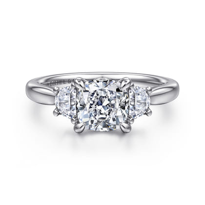 Devon - 14K White Gold Cushion Cut Three Stone Lotus Diamond Engagement Ring