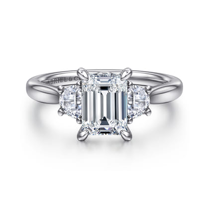 Devon - 14K White Gold Emerald Cut Three Stone Lotus Diamond Engagement Ring