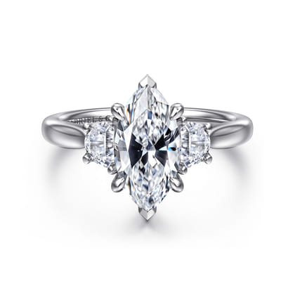 Devon - 14K White Gold Marquise Shape Three Stone Lotus Diamond Engagement Ring