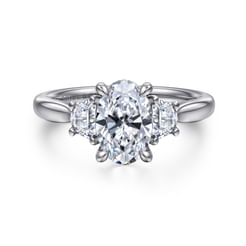14K White Gold Oval Three Stone Lotus Diamond Engagement Ring