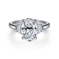 14K White Gold Oval Three Stone Lotus Diamond Engagement Ring