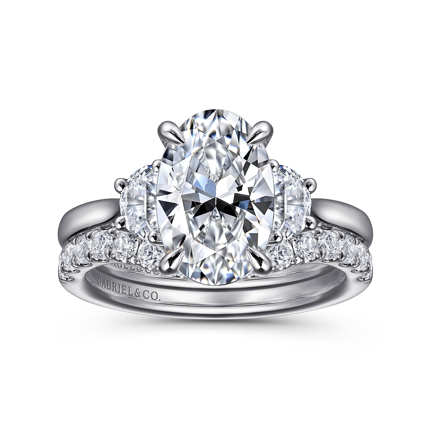 Devon - 14K White Gold Oval Three Stone Lotus Diamond Engagement Ring