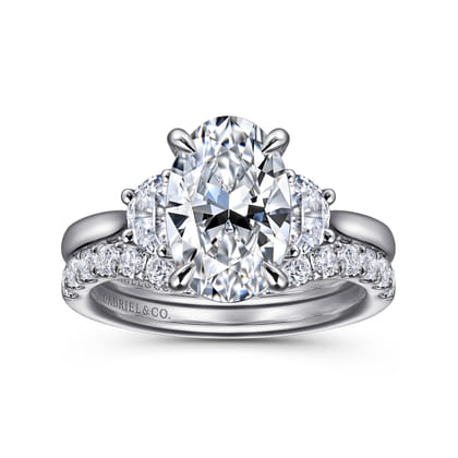 Devon - 14K White Gold Oval Three Stone Lotus Diamond Engagement Ring