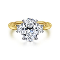 14K White-Yellow Gold Oval Three Stone Lotus Diamond Engagement Ring