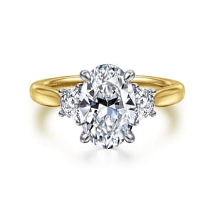 Devon - 14K White-Yellow Gold Oval Three Stone Lotus Diamond Engagement Ring
