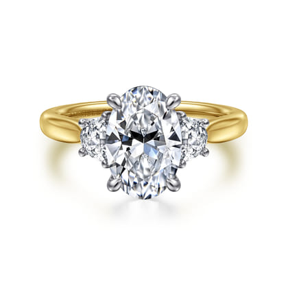 Devon - 14K White-Yellow Gold Oval Three Stone Lotus Diamond Engagement Ring
