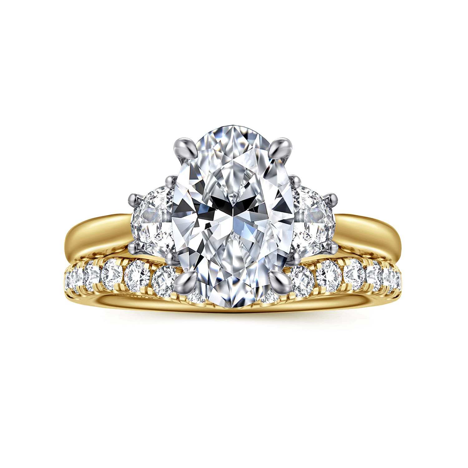 Devon - 14K White-Yellow Gold Oval Three Stone Lotus Diamond Engagement Ring