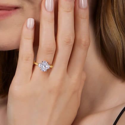 Devon - 14K White-Yellow Gold Oval Three Stone Lotus Diamond Engagement Ring