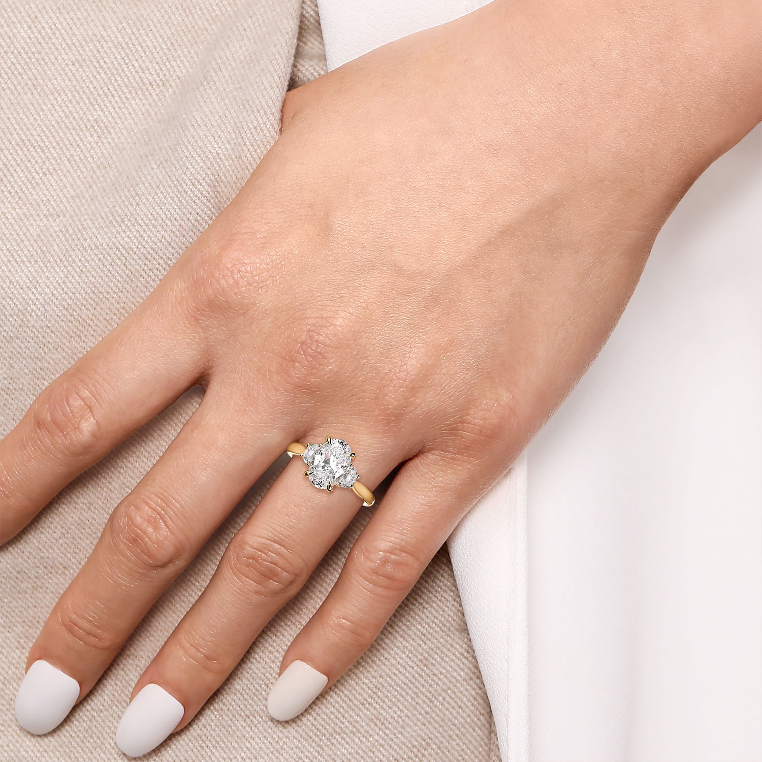 Devon - 14K Yellow Gold Oval Three Stone Lotus Diamond Engagement Ring