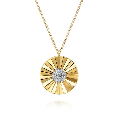 Diamond Cut - 14K White and Yellow Gold Diamond Round Shape Necklace with Diamond Cut Texture