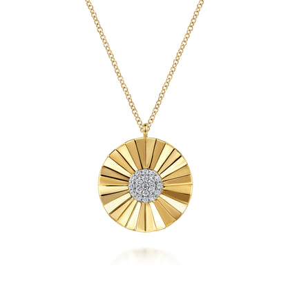 Diamond Cut - 14K White and Yellow Gold Diamond Round Shape Necklace with Diamond Cut Texture