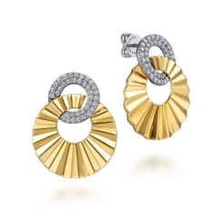 Diamond Cut - 14K White and Yellow Gold Double Round Disk Earrings Stud With Diamond Cut Texture