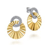 Diamond Cut - 14K White and Yellow Gold Double Round Disk Earrings Stud With Diamond Cut Texture - 0.5 ct