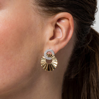 Diamond Cut - 14K White and Yellow Gold Double Round Disk Earrings Stud With Diamond Cut Texture