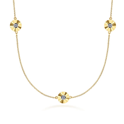 Diamond Cut - 14K White and Yellow Gold Station Necklace with Diamonds
