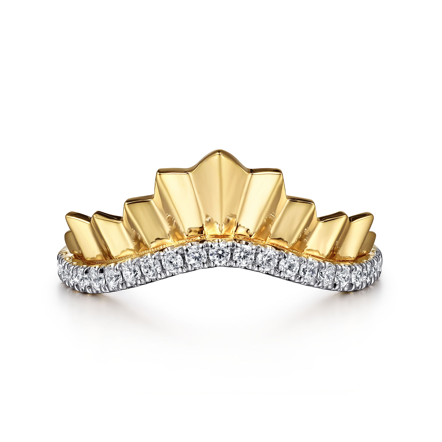 Diamond Cut - 14K Yellow Gold Curved Diamond Ring with Diamond Cut Texture