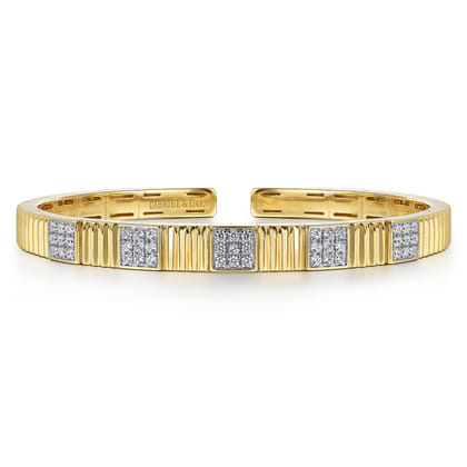 Diamond Cut - 14K Yellow Gold Demure Diamond Bangle Scallop Texture