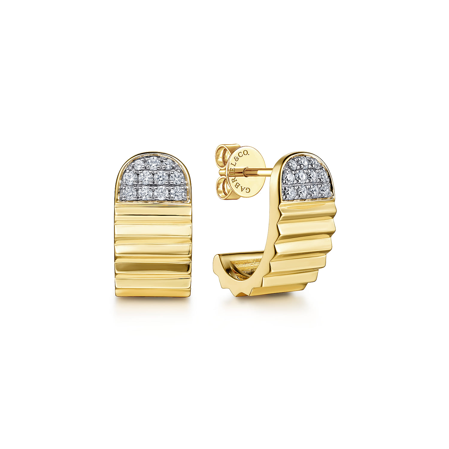 Diamond Cut - 14K Yellow Gold Diamond J Stud in size 15mm with J-Back and Diamond Cut Texture - 0.2 ct - Shot 1