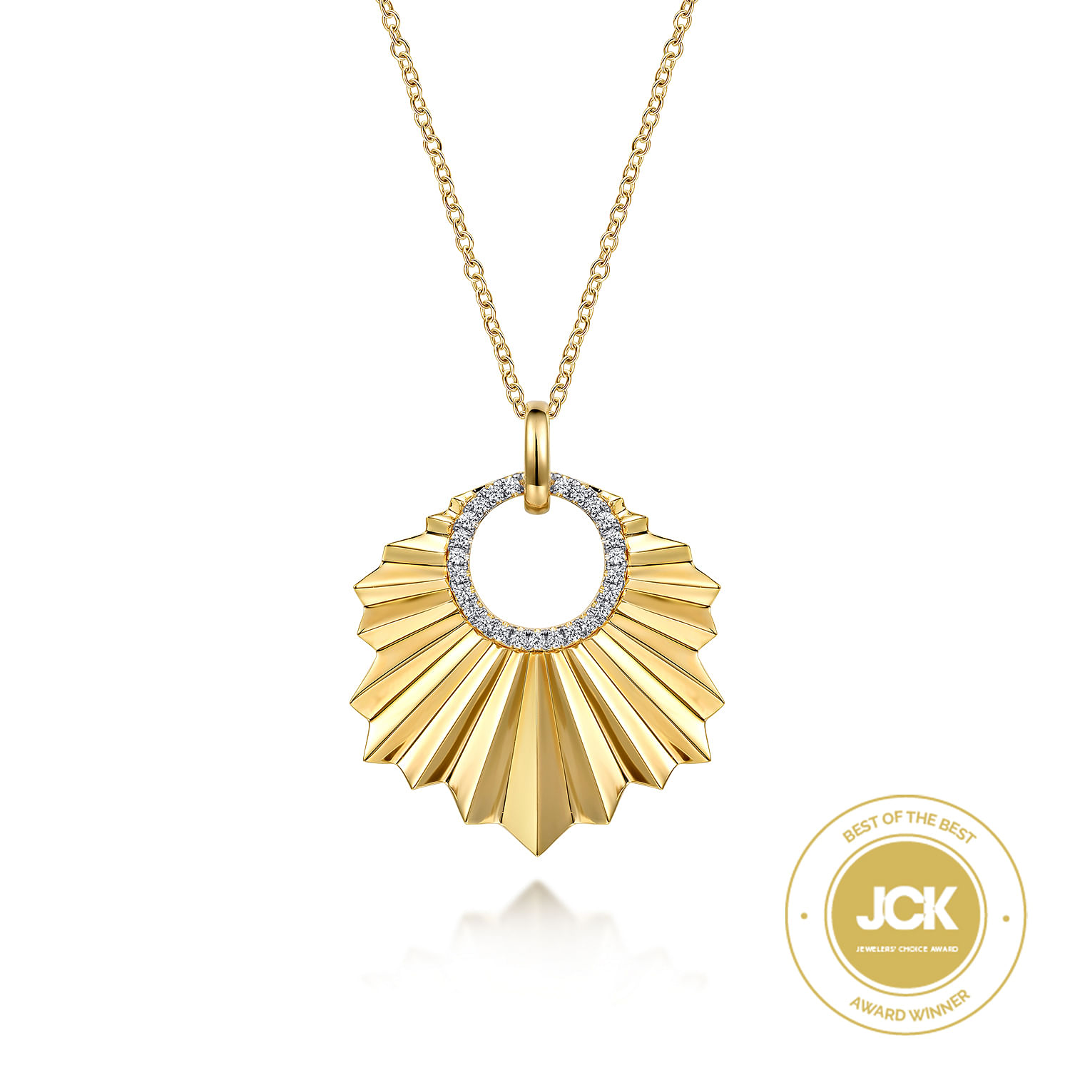 Diamond Cut - 14K Yellow Gold Diamond Necklace With Diamond Cut Texture In Leaf Shape