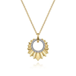 14K Yellow Gold Diamond and Diamond Cut Texture Pendant Necklace