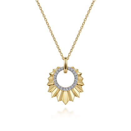 Diamond Cut - 14K Yellow Gold Diamond and Diamond Cut Texture Pendant Necklace