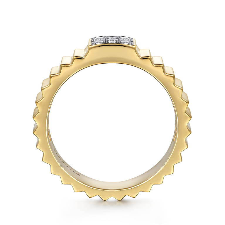 Diamond Cut - 14K Yellow Gold Diamond and Diamond Cut Texture Wide Band Ring - Shot 2
