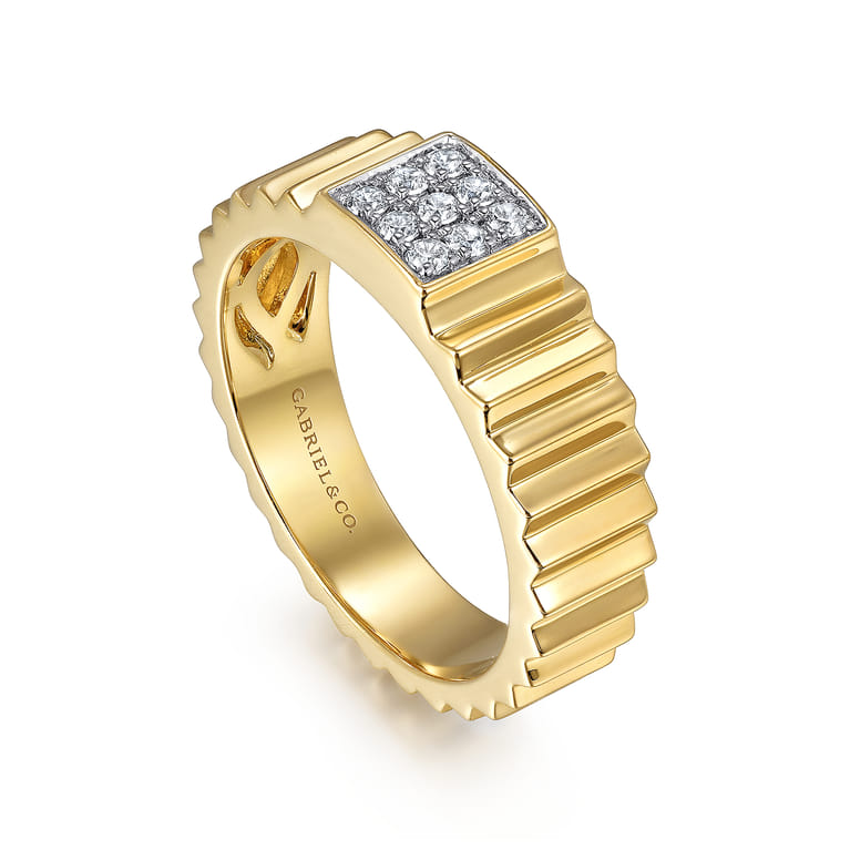 Diamond Cut - 14K Yellow Gold Diamond and Diamond Cut Texture Wide Band Ring - Shot 3