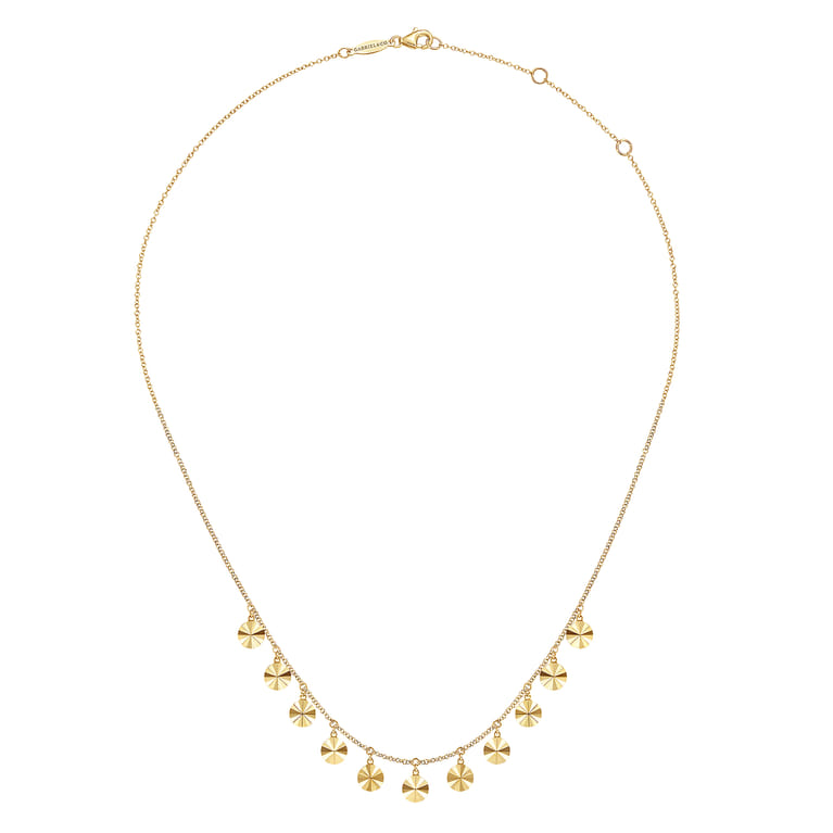 Diamond Cut - 14K Yellow Gold Disc Drops Necklace - Shot 2
