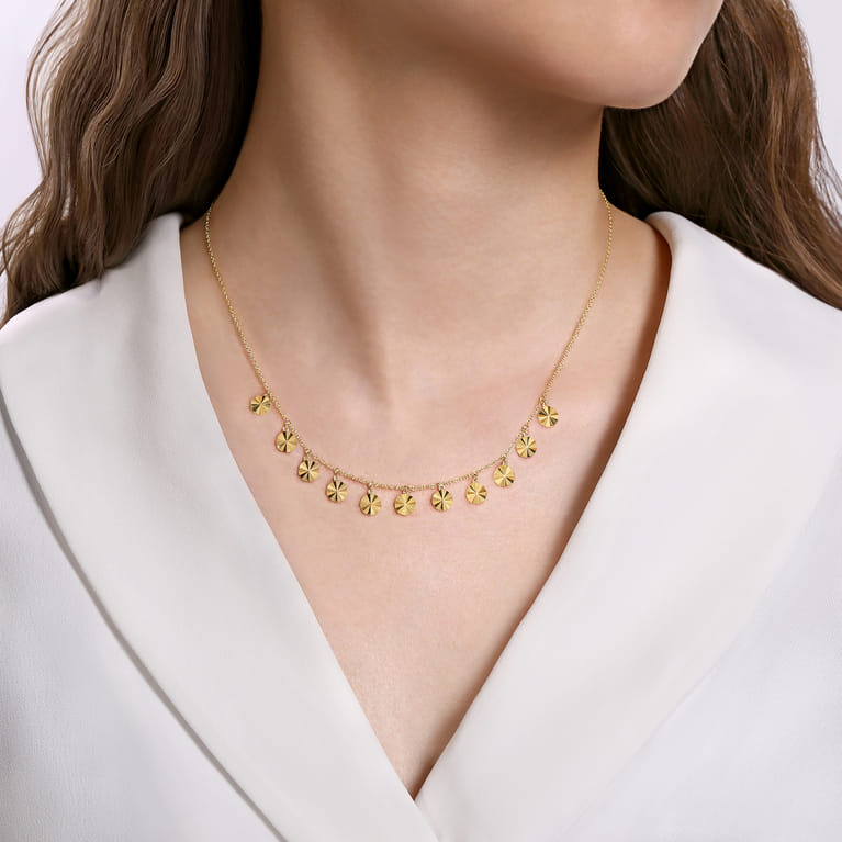 Diamond Cut - 14K Yellow Gold Disc Drops Necklace - Shot 3