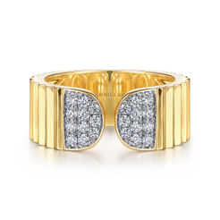 14K Yellow Gold Open Ring with Diamond Pavé End Caps and Diamond Cut Texture