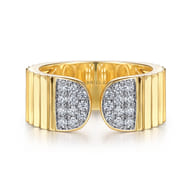 Diamond Cut - 14K Yellow Gold Open Ring with Diamond Pave End Caps and Diamond Cut Texture