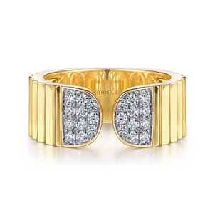 Diamond Cut - 14K Yellow Gold Open Ring with Diamond Pave End Caps and Diamond Cut Texture