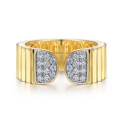 Diamond Cut - 14K Yellow Gold Open Ring with Diamond Pave End Caps and Diamond Cut Texture